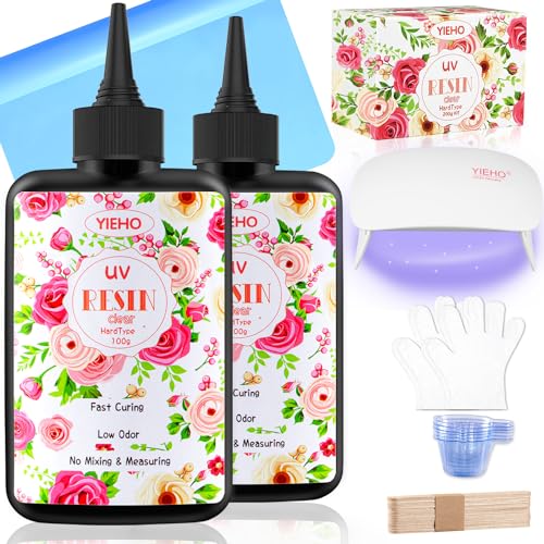 YIEHO UV Harz 200g Set mit UV Lampe, UV Resin Klar Kristallklares Transparent Hart UV Epoxidharz vorgemischt Kit mit Silikonpolster Starter Supplies für Schmuck Herstellung DIY Handwerk von YIEHO