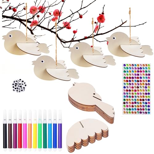 YIEUR 10 Stück 3D Vögel aus Holz zum Bemalen, 15cm Vögel Holz zum Bastel, Ostern Windspiel Vögel Bastelset Holz Kreativsets Vögel Deko Geschenke für Frühling Garten Ostern Kinder(Einzel-Vögel) von YIEUR