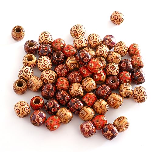 YIEUR 120 Stück Holzperlen runde, 150g Natur Holz Perlen bedruckt, 16mm Lose Holzkugeln mit Loch zum auffädeln, bunte Schmuck Perlen mit 4mm Loch Bastelperlen für DIY Schmuck Handwerk(A) von YIEUR