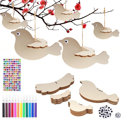 YIEUR 15 Stück 3D Vögel Holz Bastelset zum bemalen, 16cm Vögel Holzbastelsets für Kinder, Ostern Windspiel Vögel Deko Holz Kreativsets Geschenke Spielzeug für Frühling Garten Kinder(mix-Vögel) von YIEUR