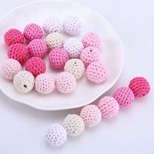 YIEUR 24 Stück Gehäkelt Holzperlen, 20mm Holz Perlen Gehäkelt bunte mit Loch zum Auffädeln, Handgefertigt Holzkugeln Häkelperle selber machen bastelset Wooden Beads (pink-20mm) von YIEUR