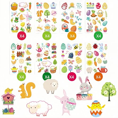 YIEUR 32 Blätter Ostersticker Osterhase Aufkleber，8 Style Osteraufkleber Oster Sticker Hase Küken Ostereier Osterdeko Frühling Deko für Kinder Scrapbooking Geschenk(blumen) von YIEUR