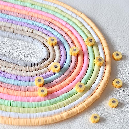 YIEUR 4320 Stück Heishi Perlen bunte mit 12 Stück Blumen Spacer Perlen, 12 Stränge Flache Polymer Clay Perlen Tonperlen mit Loch Weiche Keramik Perlen Zwischen Spacerperlen für DIY Schmuckherstellung von YIEUR