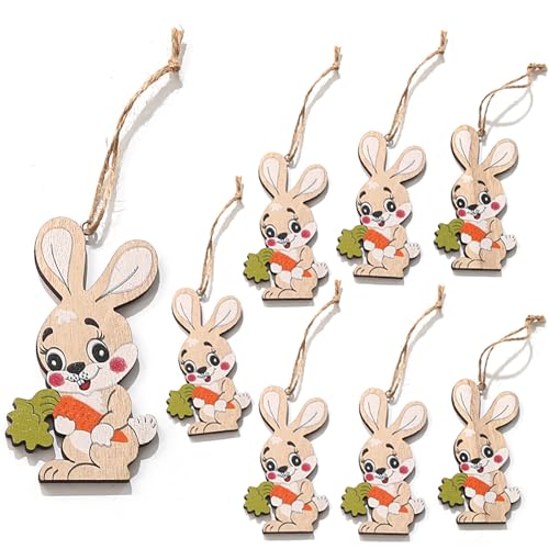 YIEUR 8 Stücke Anhänger Ostern Hase aus Holz, Osterhasen mit Schnur Ostern Deko, Holz Osteranhänger für Draußen Tischdeko Garten Deko(Hase) von YIEUR