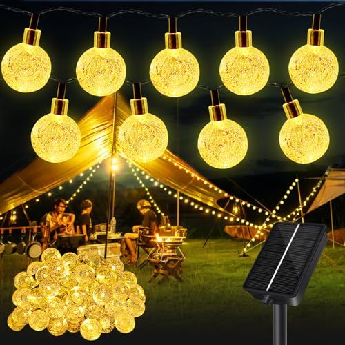 Solar Lichterkette Aussen, 12M 60LED Kristall Kugeln Lichterkette Wetterfest, 8 Modi, 1200mAh Batterie, IP65 Wasserdicht Solarlichterkette für Deko Balkon, Gärten, Hochzeiten, Partys, Weihnachten von YIFMOO