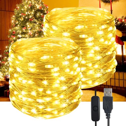 YIFMOO LED Lichterkette USB, 10M 100LED Wasserdicht Draht lichterkette mit Schalter, Micro Kupferdraht Lichterkette Außen und Innen für DIY Weihnachten, Zimmer, Party, Hochzeit Deko, Warmweiß(2 Stück) von YIFMOO