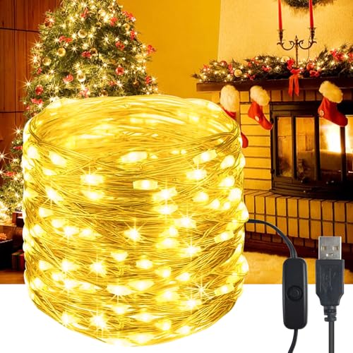 YIFMOO LED Lichterkette USB, 10M 100LED Wasserdicht Draht lichterkette mit Schalter, Micro Kupferdraht Lichterkette Außen und Innen für DIY Weihnachten, Zimmer, Party, Hochzeit Deko, Warmweiß von YIFMOO