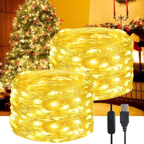 YIFMOO LED Lichterkette USB, 5M 50LED Wasserdicht Draht lichterkette mit Schalter, Micro Kupferdraht Lichterkette Außen und Innen für DIY Weihnachten, Zimmer, Party, Hochzeit Deko, Warmweiß(2 Stück) von YIFMOO