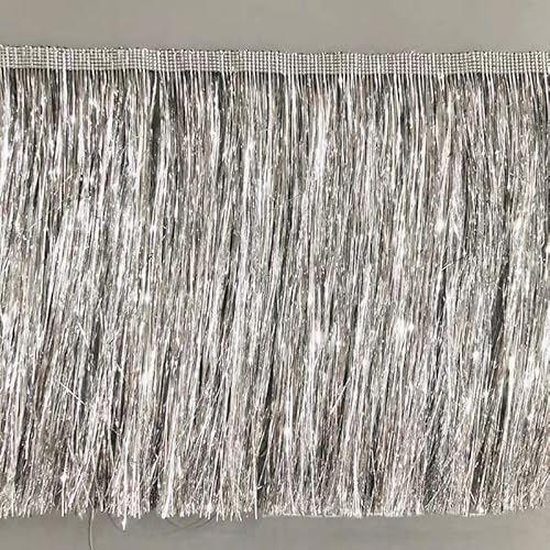 YIGOOWN Fransenborte Glitzer Fransenband Fransenbordüre Tanzfransen PET Sewing Fringe Trim Borten und Bänder zum Nähen für DIY Basteln Party Vorhänge Dekoration Apparel (Silber, 10cm x 10m) von YIGOOWN