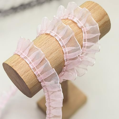 YIGOOWN Rüschenband Spitzenband 2cm Breit Spitzenborte Spitzen Borten und Bänder zum Nähen Zierband Spitzenbordüre Dekoband Geraffte Rüschen Chiffonband für DIY Basteln Dessous (Rosa, 10M) von YIGOOWN