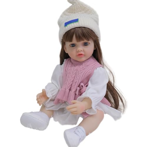 YIHANGG 55cm Reborn Baby Puppe Ganzkörper Silikon Mädchen Prinzessin Pinke Strickwaren Tragend Kleinkind Lange Braune Haare Geburtstag Weihnachten Geschenk von YIHANGG