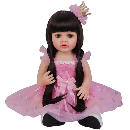 YIHANGG 55cm Reborn Puppe Vollsilikon Mädchen 22Zoll Kleinkind Prinzessin Puppe mit Langen Schwarzen Haaren Rosa Kleid Neugeborene Baby Puppe Geburtstag Weihnachten Geschenk von YIHANGG