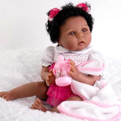 YIHANGG Afroamerikanisch Reborn Baby Puppe Ganzkörper Silikon 55cm Lebensecht Kleinkind Mädchen Dunkle Haut Geburtstag Weihnachten Geschenke von YIHANGG