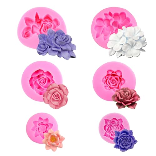 YIIWONI 6 Stücke 3D Silikonform Blumen, Silikonformen Gießformen Rosen Rose Blume Fondant Silikon Form Blume Blühen Rose für Kuchen Dekoration Schokolade Handgemachte Süßigkeit Herstellung von YIIWONI