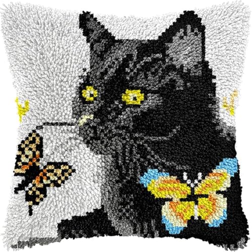 YIJIEHH DIY Knüpfkissen Set Knüpfhaken-Set Mit Schwarze Katze Und Schmetterling, Kissen, DIY-Teppich, Häkelnadel, Kissenherstellungs-Set Mit Vorgedruckter Musterleinwand 17x17in von YIJIEHH