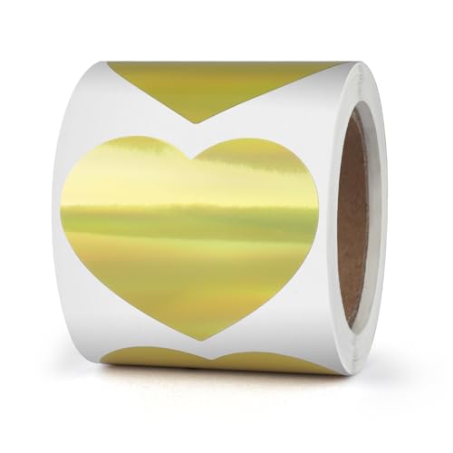 YIKIADA Gold Herz Thermo Etiketten Vinyl 50 mm Holographic Rolle Selbstklebend Wasserdicht Aufkleber für Logo Barcode QR Code Kinder Office Home 200 Stück von YIKIADA