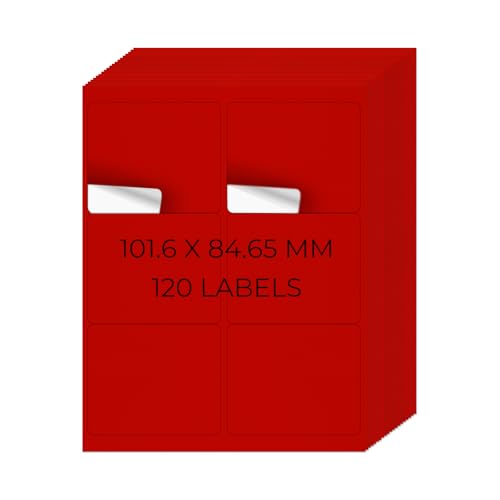 YIKIADA Rot Universal Etiketten 101,6 X 84,67 MM Vinyl Selbstklebend Ablösbar Blanko Aufkleber Bedruckbar Namenaufkleber Büro Adressetiketten für Tintenstrahl- und Laserdruckern 120 Stück von YIKIADA