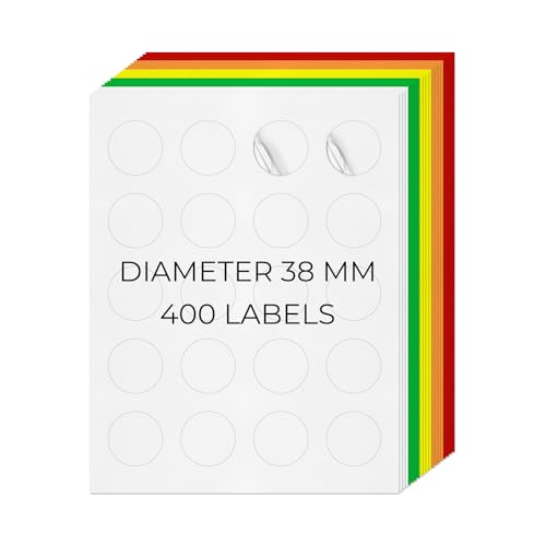 YIKIADA 5 Farben Universal Etiketten 38 MM Vinyl Selbstklebend Ablösbar Rund Aufkleber Bedruckbar Klebeetiketten Blanko Adressetiketten für Tintenstrahl- und Laserdruckern 400 Stück von YIKIADA