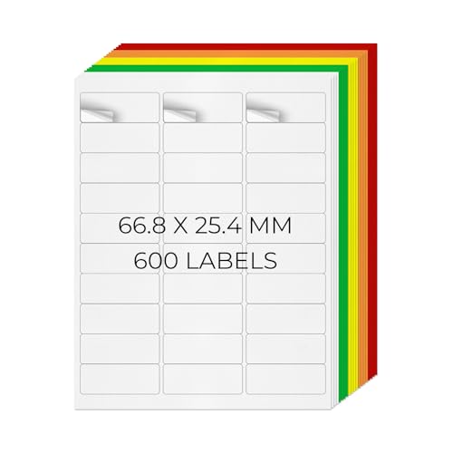 YIKIADA 5 Farben Universal Etiketten 66,8 X 25,4 MM Vinyl Selbstklebend Ablösbar Blanko Aufkleber Bedruckbar Namenaufkleber Büro Adressetiketten für Tintenstrahl- und Laserdruckern 600 Stück von YIKIADA