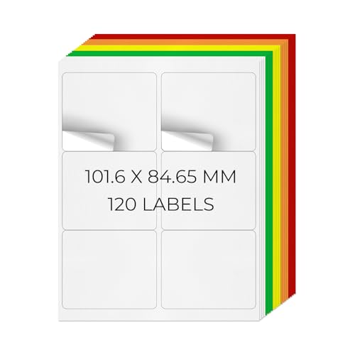 YIKIADA 5 Farben Universal Etiketten 101,6 X 84,67 MM Vinyl Selbstklebend Ablösbar Blanko Aufkleber Bedruckbar Namenaufkleber Büro Adressetiketten für Tintenstrahl- und Laserdruckern 120 Stück von YIKIADA