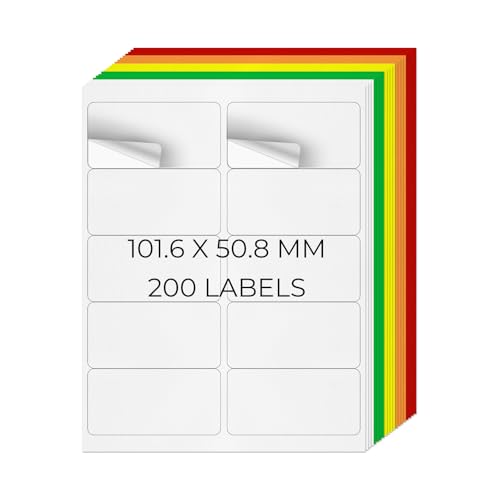 YIKIADA 5 Farben Universal Etiketten 50,8 X 101,6 MM Vinyl Selbstklebend Ablösbar Blanko Aufkleber Bedruckbar Namenaufkleber Büro Adressetiketten für Tintenstrahl- und Laserdruckern 200 Stück von YIKIADA