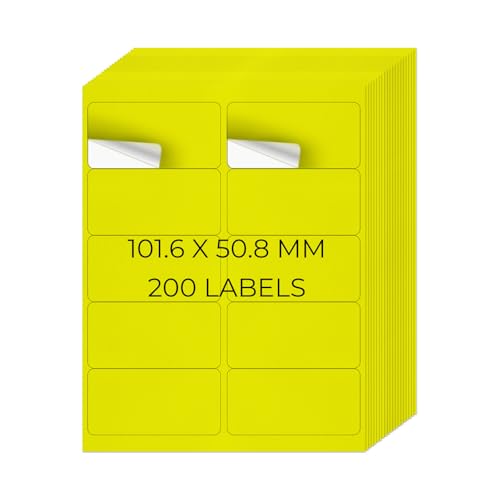 YIKIADA Neon Gelb Universal Etiketten 50,8 X 101,6 MM Vinyl Selbstklebend Ablösbar Blanko Aufkleber Bedruckbar Namenaufkleber Büro Adressetiketten für Tintenstrahl- und Laserdruckern 200 Stück von YIKIADA