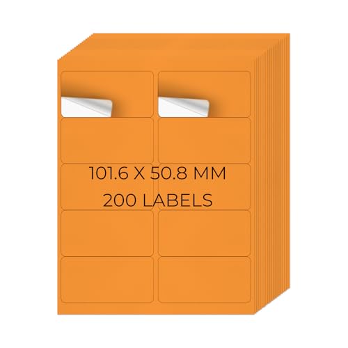 YIKIADA Neon Orange Universal Etiketten 50,8 × 101,6 MM Vinyl Selbstklebend Ablösbar Blanko Aufkleber Bedruckbar Namenaufkleber Büro Adressetiketten für Tintenstrahl- und Laserdruckern 200 Stück von YIKIADA