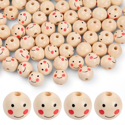 YILANJIN 100 Stück Smiley Perlen Rund, 20mm Holzperlen mit Gesicht, Puppenkopfperlen, Perlen mit Loch, Auffädelbare Holzperlen, Perlen für Armband Häkeln, Bastelarbeiten Dekorationen von YILANJIN