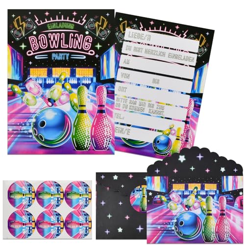 YILANJIN 12er-Pack Neon Bowling Einladungskarten Set für Kindergeburtstage, Doppelseitige Partyeinladungen mit Passenden Umschlägen und Bowling Aufklebern, Ideal für Feiern mit Bowling-Thema von YILANJIN