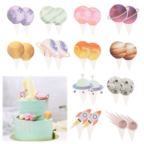 YILANJIN 24 Stück Weltraum Cupcake Toppers, Planetenthema Torten Dekor, Tortenaufsatz, Kuchenspieße für Kinder, Cupcake Deko, Kindergeburtstag Tortendeko für Birthday Party Dekoration von YILANJIN