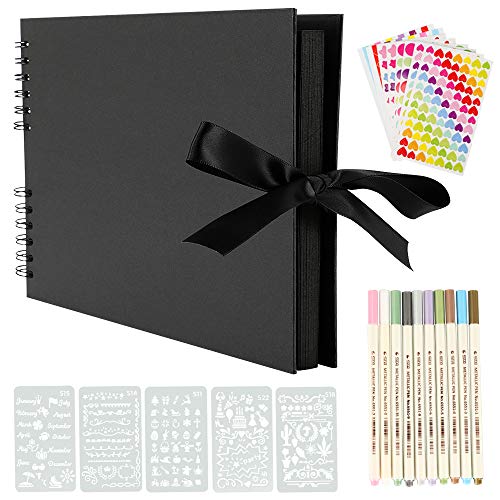 YILEEY Fotoalbum zum Selbstgestalten, Scrapbook 80 Schwarze Seiten Fotobuch zum Einkleben, 28x21cm Fotoalben, DIY Geschenk Scrapbooking Set mit Stiften Schablonen Aufkleber Fotoecken, MEHRWEG von YILEEY