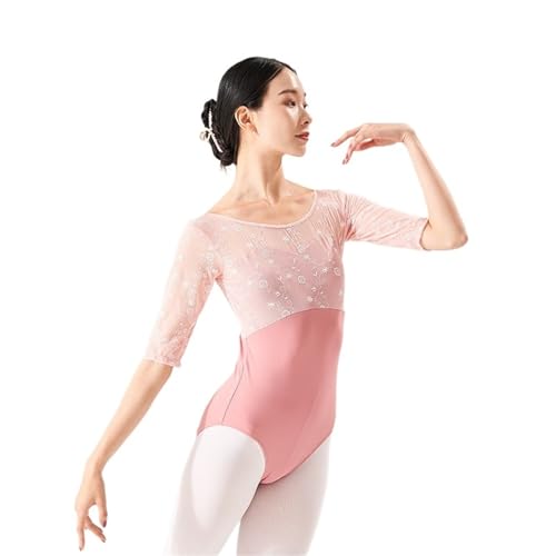 YILWPV Ballettkleidung Balletttrikots mit halben Ärmeln for Damen, Gymnastiktrikots mit Stickerei aus Netzstoff, eleganter Gymnastiktrainings-Bodysuit for den Tanz Für Ballett(Pink,XXL) von YILWPV