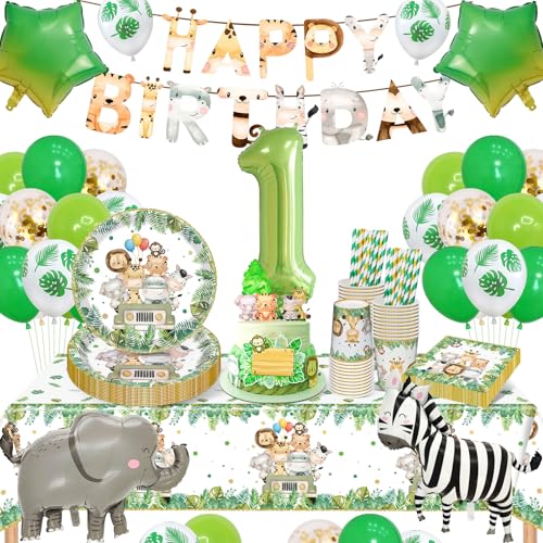 Wild One Geburtstag Deko, Dschungel Geburtstag Deko, 1 Jahr Kindergeburtstag Deko, 94 Pcs Dschungel Safari Partygeschirr Set mit Pappteller, Servietten, Luftballons, Tischtücher Für 1 Geburtstag Deko von YIMAKJ