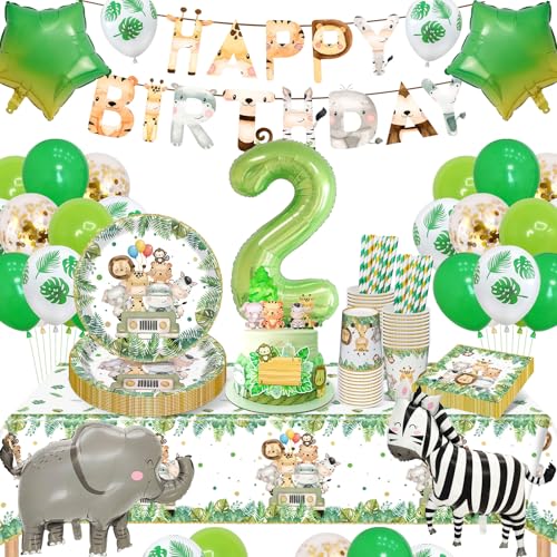 Wild One Geburtstag Deko, 2 Jahr Dschungel Safari Geburtstag Deko, Deko Kindergeburtstag, 94 Pcs 2 Jahr Kindergeburtstag Deko Set mit Pappteller,Servietten, Tischtücher Für Junge Mädchen 2. Geburtstag von YIMAKJ