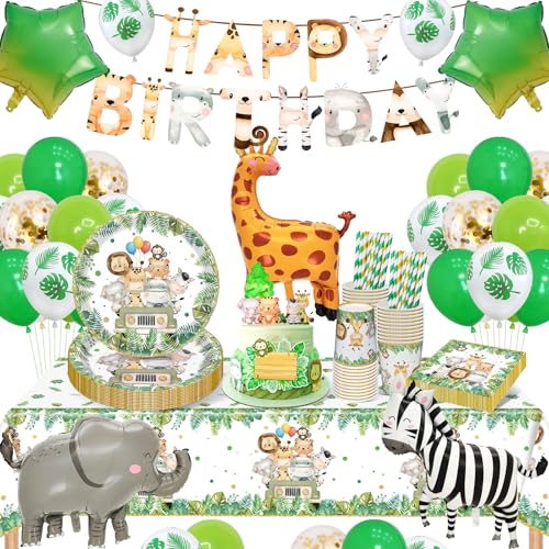 Wild One Geburtstag Deko, Dschungel Safari Partygeschirr Set, Dschungel Geburtstag Deko, 94 Pcs Kindergeburtstag Partygeschirr mit Pappteller, Servietten, Luftballons, Banner Für Kindergeburtstag Deko von YIMAKJ