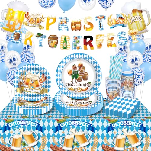 YIMAKJ 102 StüCk Oktoberfest Deko Partygeschirr Set, Blau und Weiß Karierte Bayrische Deko Partygeschirr, Inklusive Pappteller Becher Und Servietten, Geeignet für Oktoberfest Party Deko (16 GäSte) von YIMAKJ