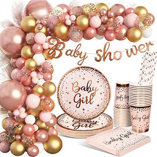 YIMAKJ Rosegold Partygeschirr Set, Babyparty Deko Party Geschirr, Pappteller Kindergeburtstag mit Luftballons Tischdecken Tassen für Baby Shower Geburtstag Mädchen Mottoparty 16 Gäste von YIMAKJ