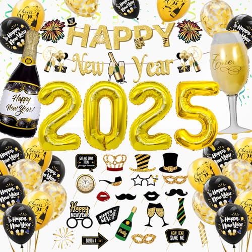 YIMAKJ Silvester Deko 2025 Party Set, Schwarz Gold Neujahr Deko 2025, Happy New Year Deko 2025, Deko Silvester 2025, Folienballons, Happy New Year Banner, Ballons, Fotorequisiten für Silvesterparty von YIMAKJ