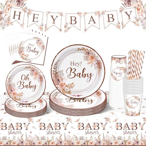 YIMAKJ Babyparty Deko Junge Mädchen Partygeschirr Set, Baby Shower Deko Mit Papier Teller Becher Servietten Strohhalme Banner Tischtücher Für Babyshowerparty Deko,Baby Shower Geburtstag (20 Gäste) von YIMAKJ