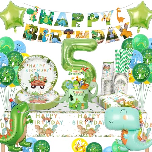 YIMAKJ Dino Geburtstag Deko 5 Jahre, Dinosaurier Kindergeburtstag Deko, Geburtstagsdeko 5 Jahr Junge, Dinosaurier Pappteller Dino Servietten Tassen Luftballons für Dino Deko Kindergeburtstag 16 Gäste von YIMAKJ