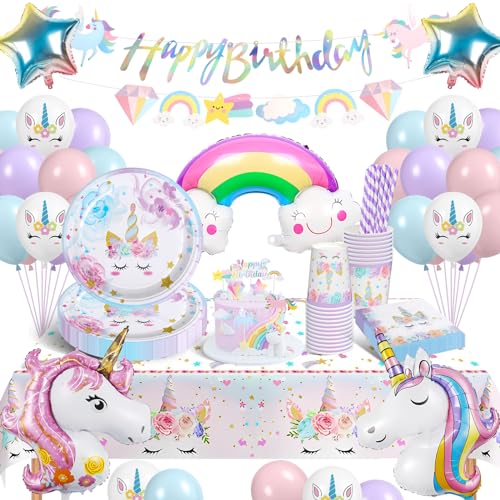 YIMAKJ Einhorn Partygeschirr Set, 103 Stück Einhorn Geburtstag Party Geschirr,Jungen Mädchen Party , Einhorn Luftballon Pappteller Tassen Servietten Tischdecke für Party Kindergeburtstag Deko 16 Gäste von YIMAKJ