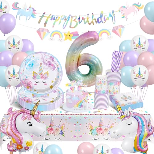 YIMAKJ Einhorn Partygeschirr Set, 6 Jahre Einhorn Geburtstag Party Geschirr,6 Jahre Mädchen Party , Einhorn Luftballon Pappteller Tassen Servietten Tischdecke für Party Kindergeburtstag Deko 16 Gäste von YIMAKJ