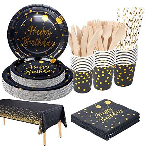 YIMAKJ Partygeschirr Set, Geburtstag Party Geschirr, Pappteller Kindergeburtstag Set für Partys, Geburtstags, Hochzeitsfest, Jubiläen, Abschlussfeier, Schwarz und Gold Partyteller 20 Gäste von YIMAKJ