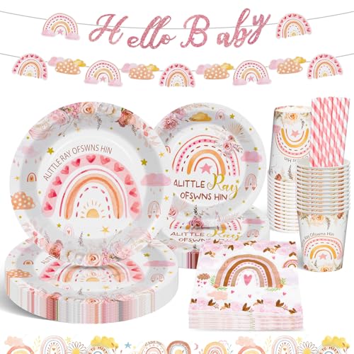 YIMAKJ Regenbogen Deko, Babyparty Deko Junge Mädchen Partygeschirr Set, Baby Shower Deko Mit Papier Teller Becher Servietten Strohhalme Banner Für Baby Shower Geburtstag, Babyshowerparty Deko(16 Gäste von YIMAKJ