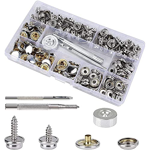 YIMEIGO 93Stk Druckknopf Schraubbar Druckknöpfe Marine Canvas Snap Fastener Kit für Holz,Bootsplane,Planen Metalldruckknöpfe 10mm 15mm Screws mit 3 Fixierwerkzeug von YIMEIGO