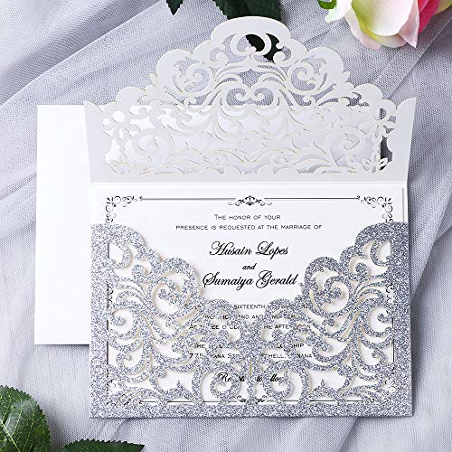 YIMIL 20 Stück lasergeschnittene Hochzeitseinladungskarten mit Umschlag für Hochzeit, Quinceanera, Brautparty, Babyparty, Partyeinladungen (Silber Glitzer) von YIMIL