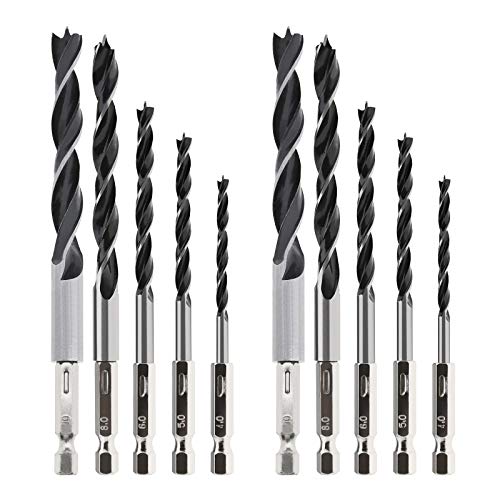 YINETTECH 2 Satz mit 5 Stück Bohrer Set Sechskantschaft mit 1/4 Zoll Holzbohrern 4/5/6/8/10mm Holzdübel Spiralbohrer Set Kohlenstoffstahl von YINETTECH