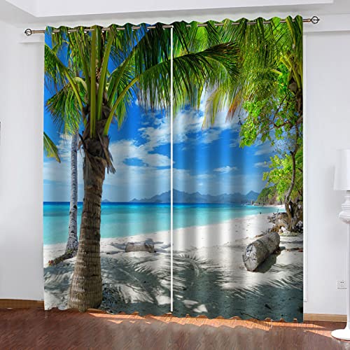 Vorhänge Blickdicht Kinder Junge Mädchen Thermovorhang Mit Ösen Kinderzimmer 2Er Set 234X230Cm Strand Sonne Meereslandschaft Vorhang Verdunkelung Thermovorhang Hitzeschutz Gardinen Wohnzimmer Schlafz von YINGDU