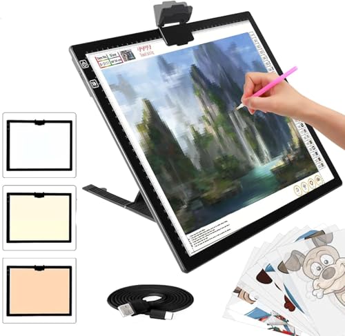 YINGWOND Leuchttisch A3 Wiederaufladbar, Led Licht Pad mit Ständer Diamond Painting Zubehör 3 Farbmodi 6 Helligkeitsstufen Lichtpad für Diamond Painting/Zeichnung/Tattoo/Röntgenbetrachtung/Skizzieren von YINGWOND