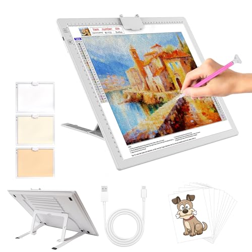 YINGWOND Leuchttisch A3 Wiederaufladbar, Led Licht Pad mit Ständer diamond painting Zubehör 3 Farbmodi 6 Helligkeitsstufen Lichtpad für Diamond Painting/Zeichnung/Tattoo(A3 Wiederaufladbar-Weiß) von YINGWOND